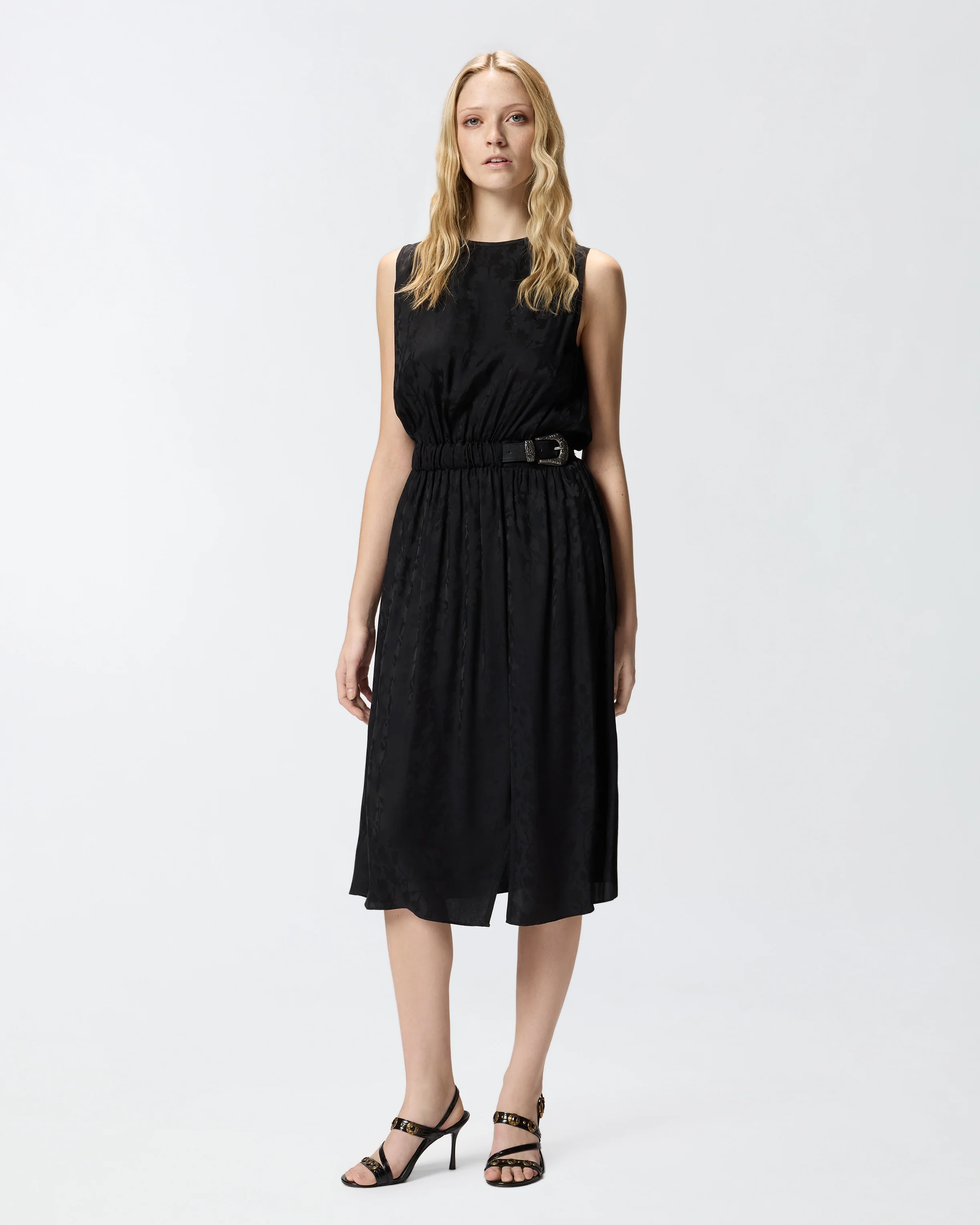 Abito midi smanicato in jacquard floreale con cintura - Image 2