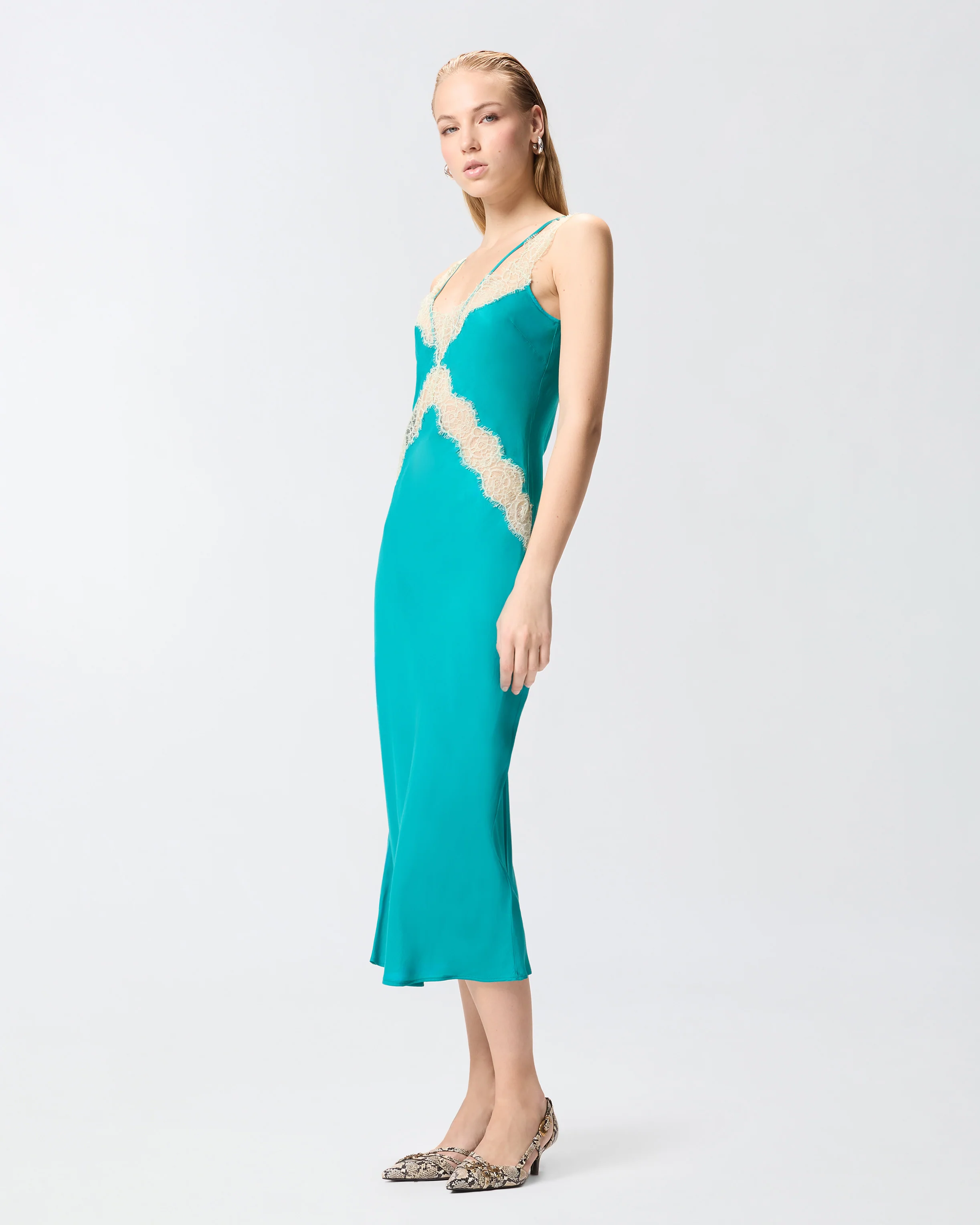 Abito slipdress midi con bande in pizzo