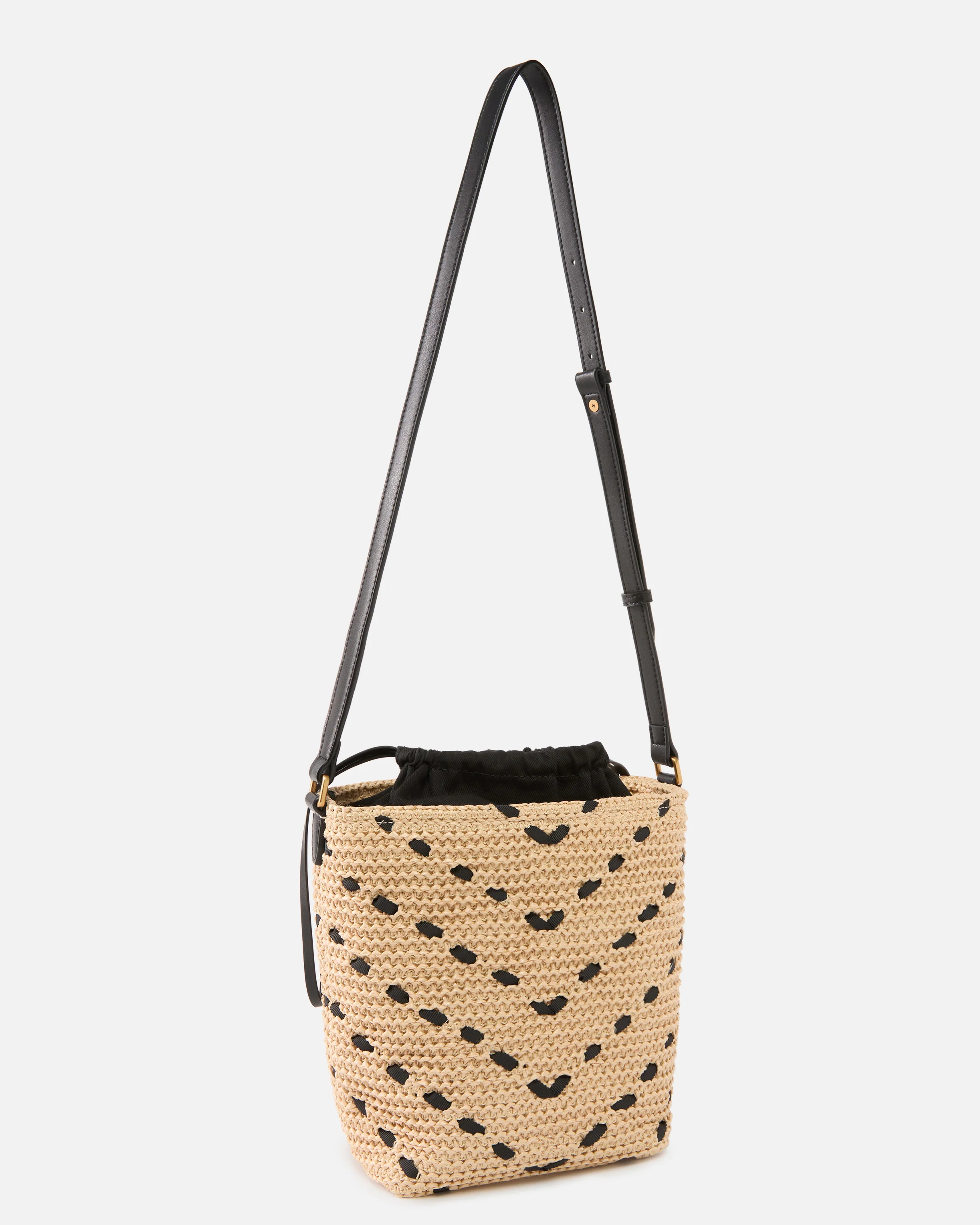 Borsa a tracolla piccola Bucket Mini in rafia con motivo chevron - Image 2