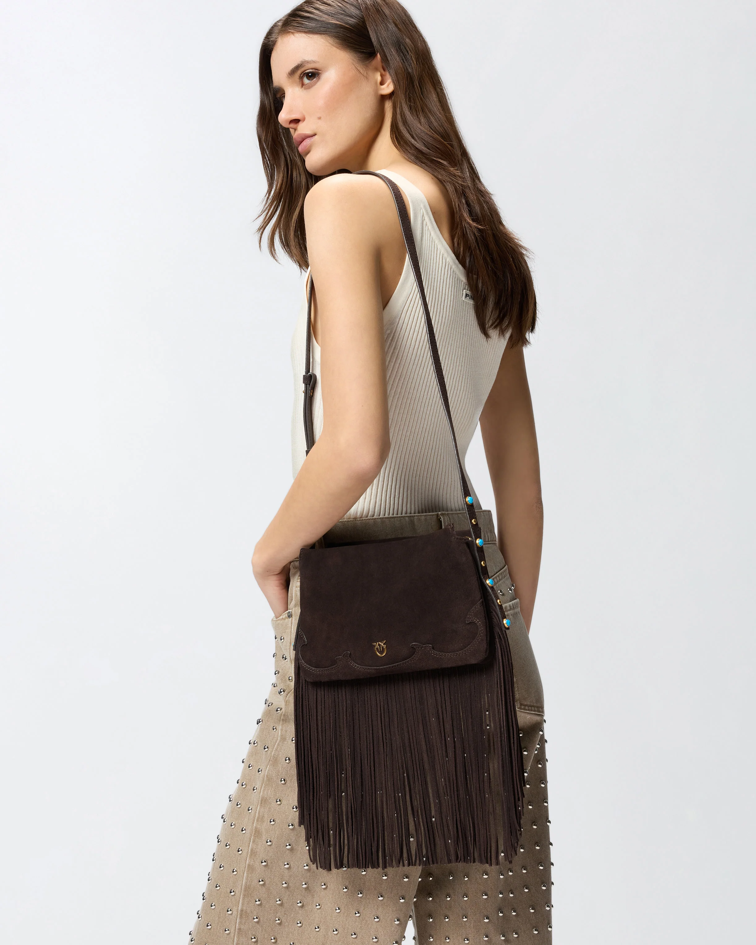 Borsa a tracolla piccola One, Two, Three Bag in suede con frange - Image 5