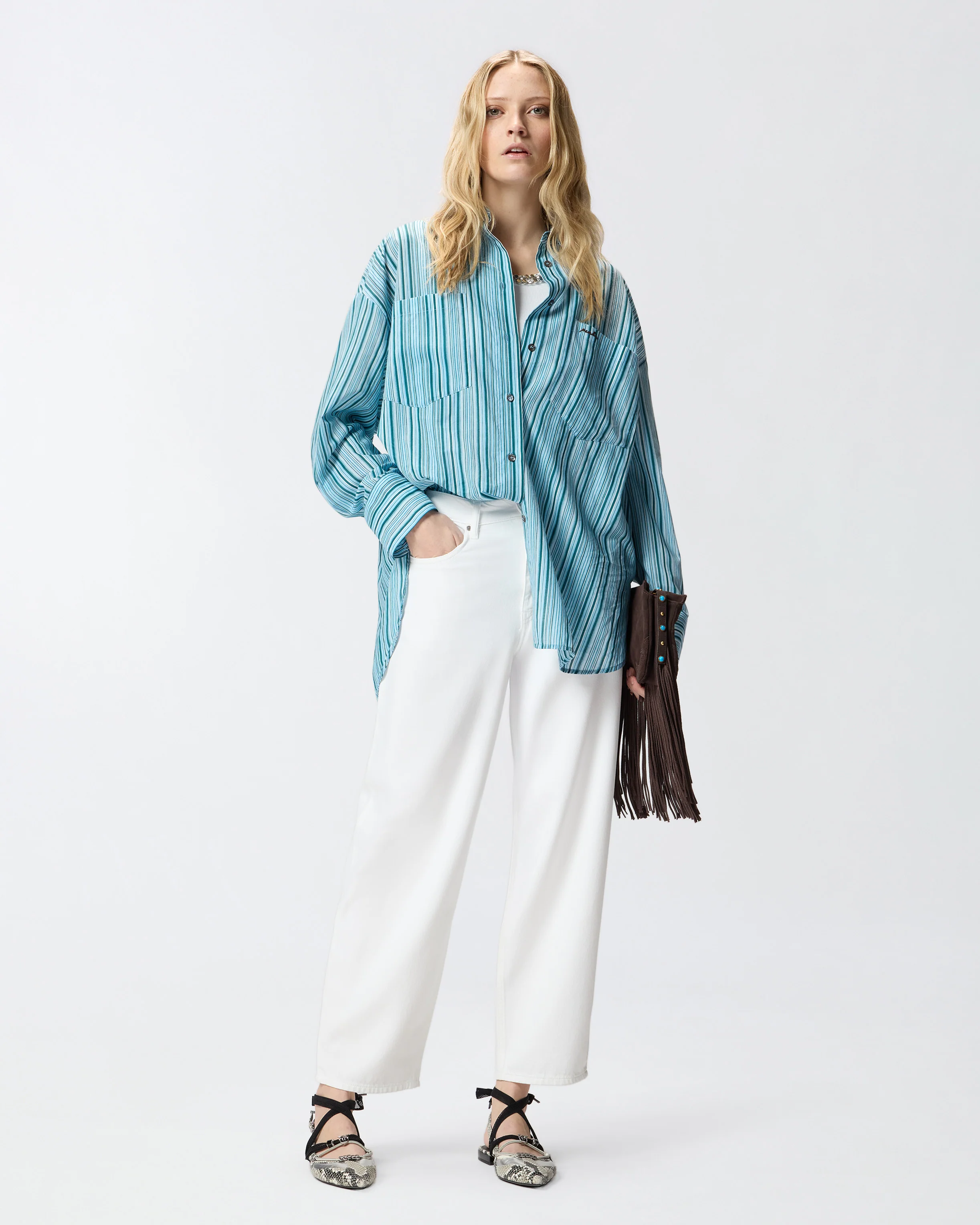 Camicia in cotone a righe con tasche - Image 2