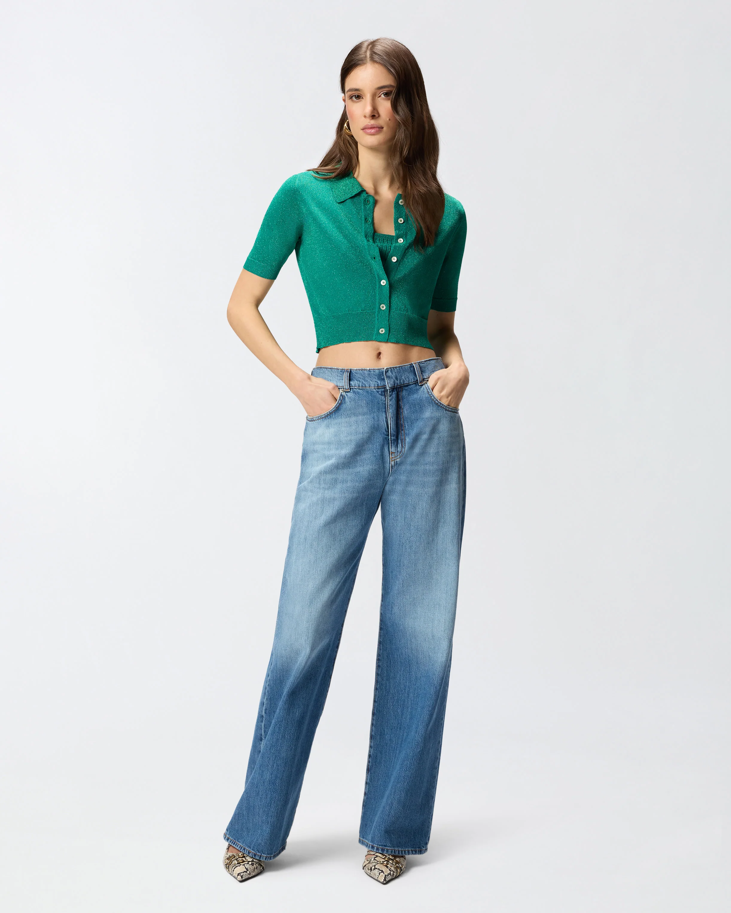 Cardigan cropped a mezza manica con colletto - Image 2