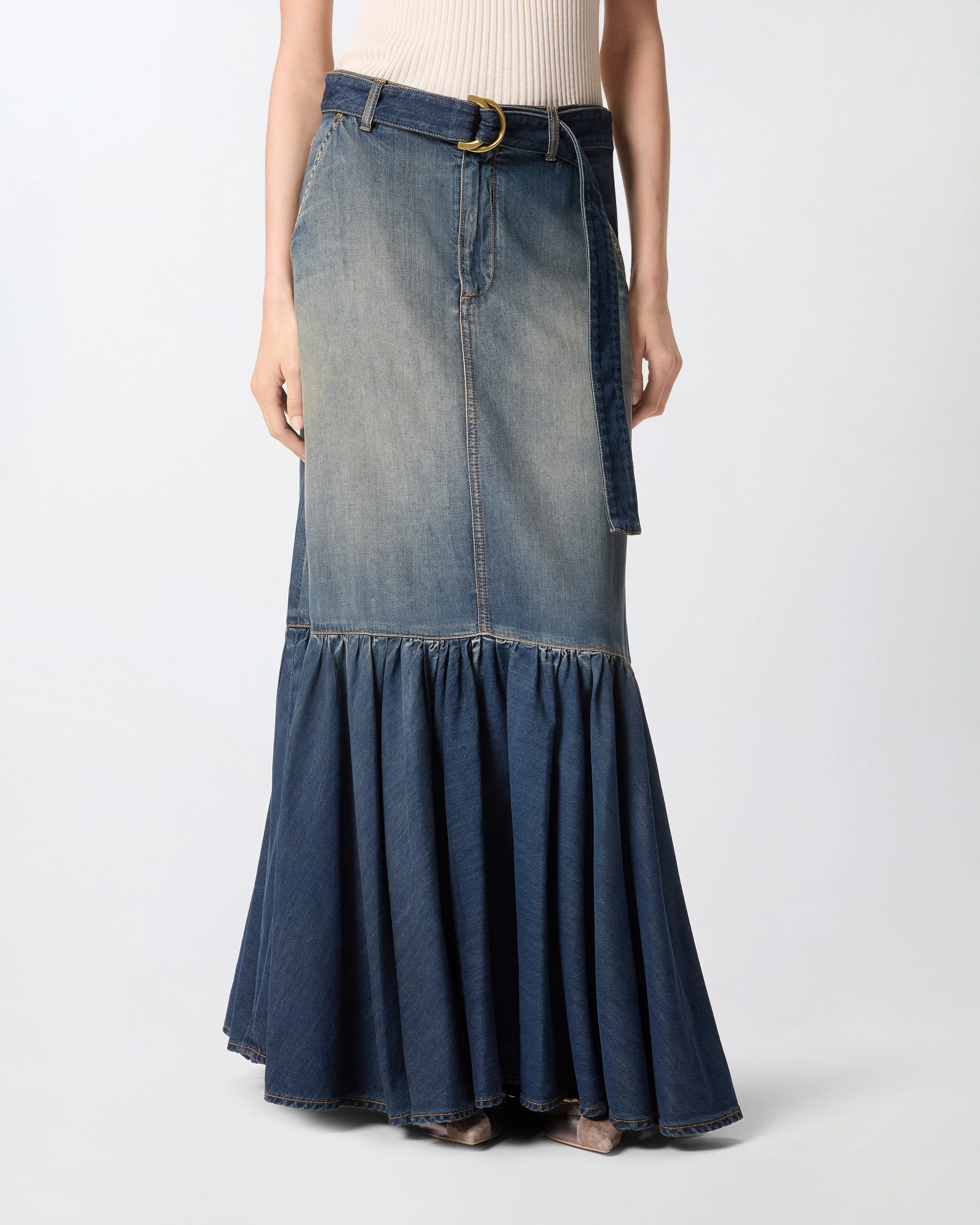 Gonna lunga in denim con balza e cintura - Image 2