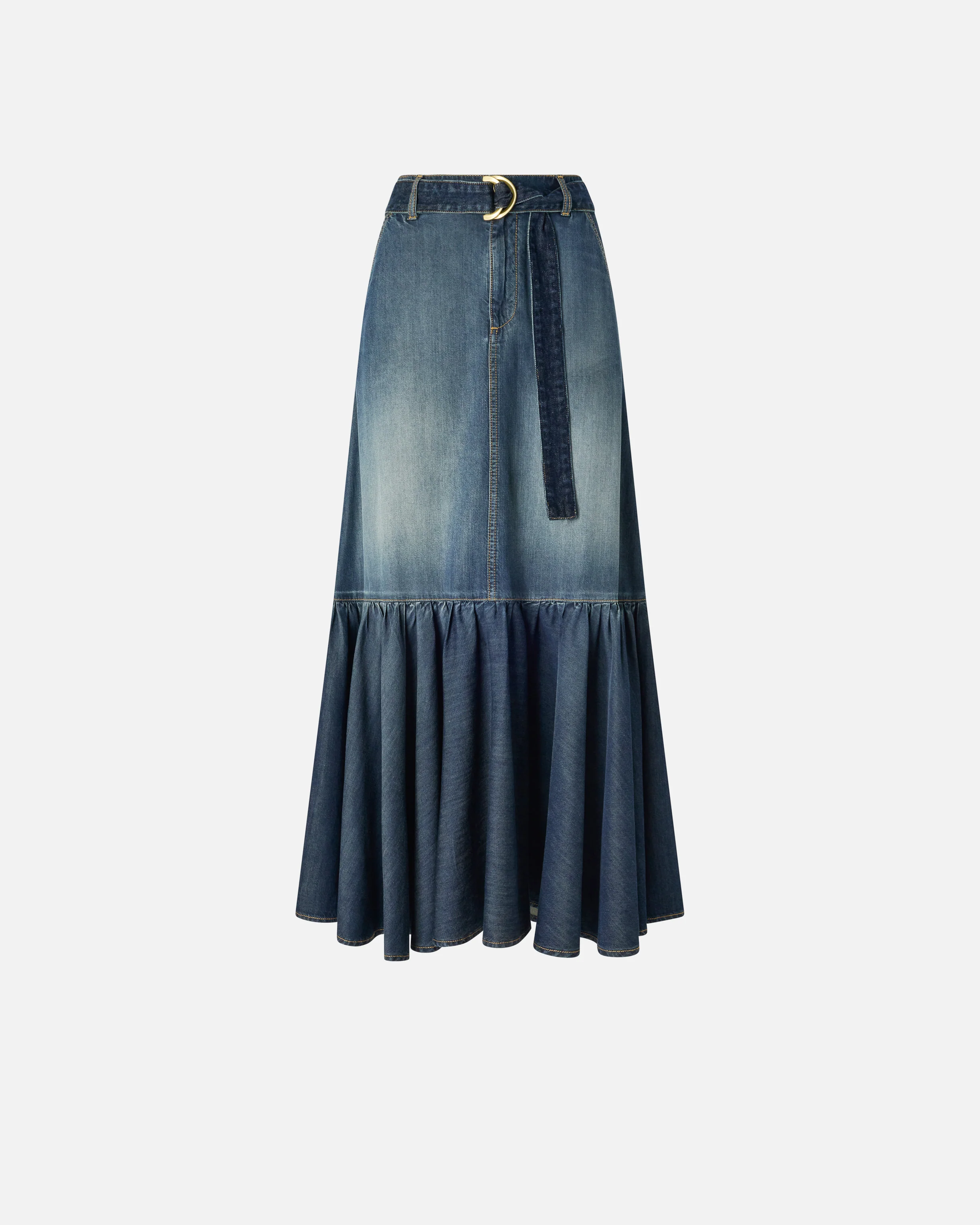 Gonna lunga in denim con balza e cintura - Image 5