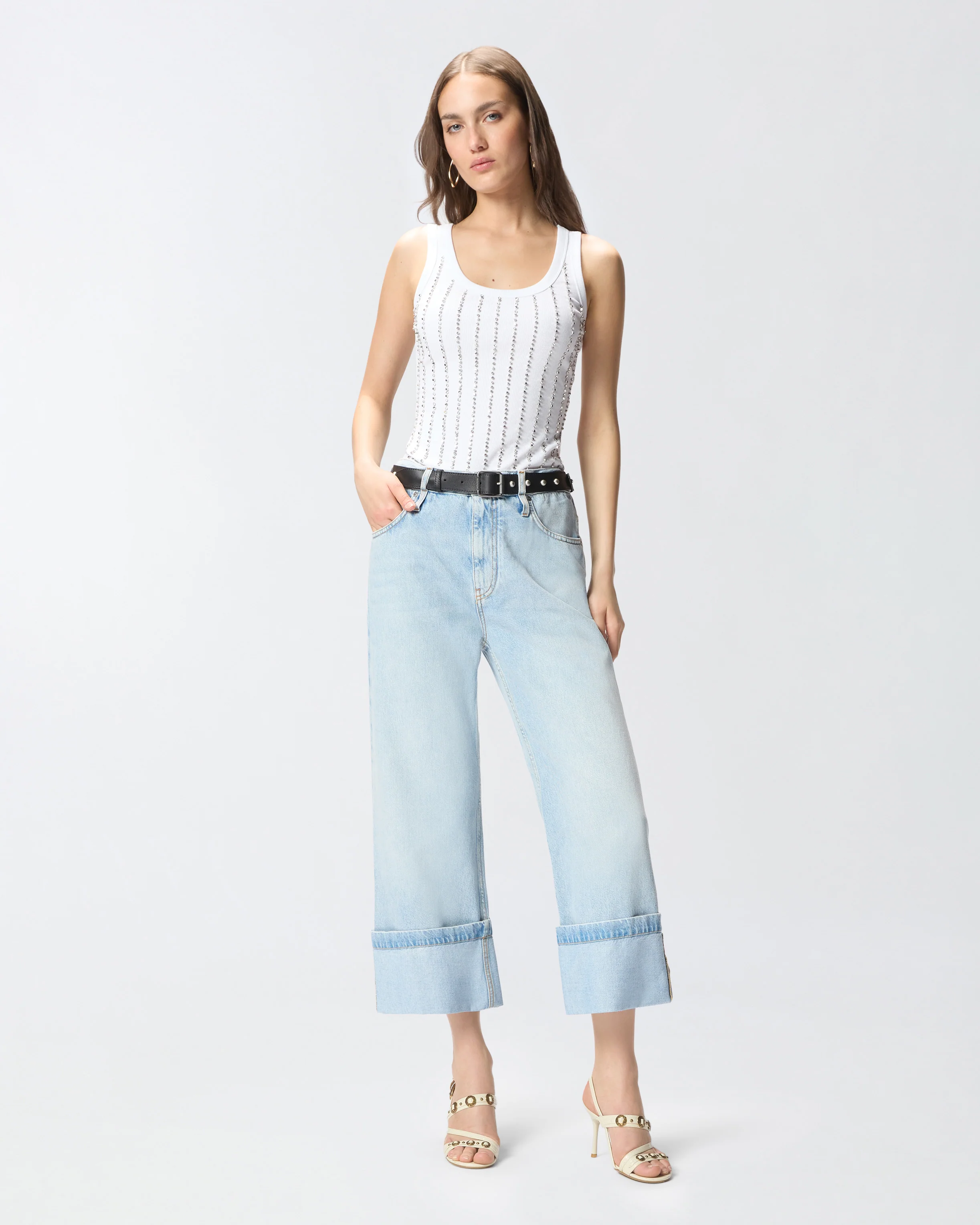 Jeans cropped con cintura in pelle - Image 5