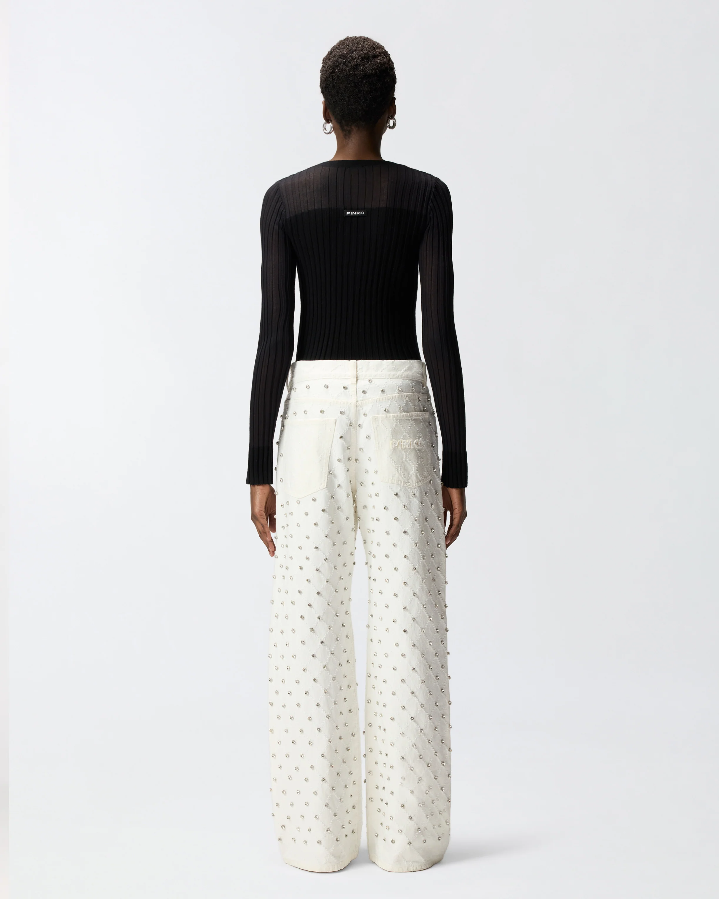 Jeans wide leg con motivo a rombi e strass - Image 3