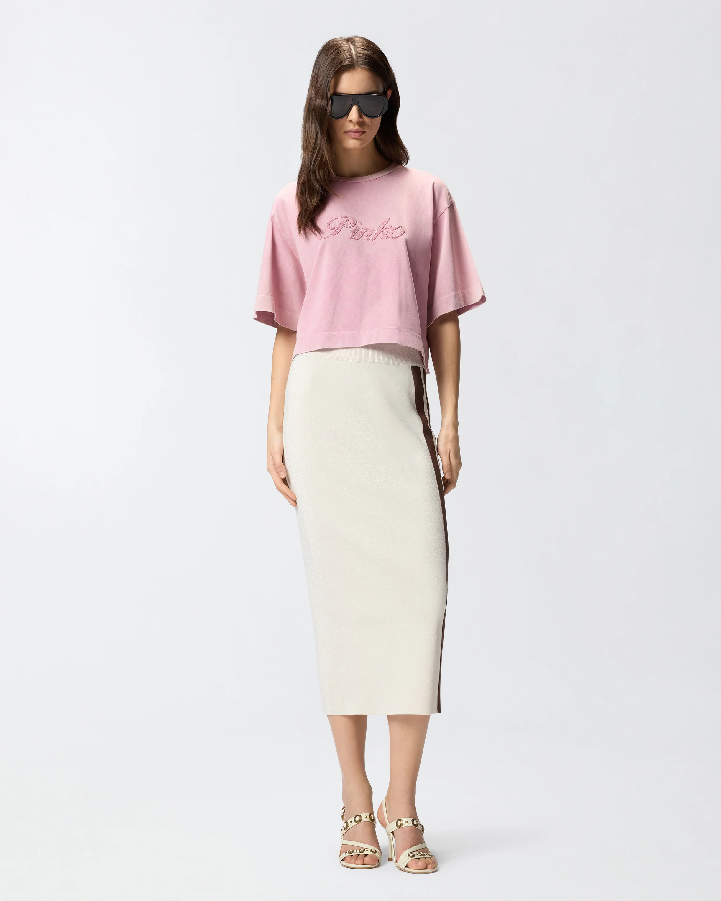 T-shirt cropped con ricamo PINKO distressed - Image 2