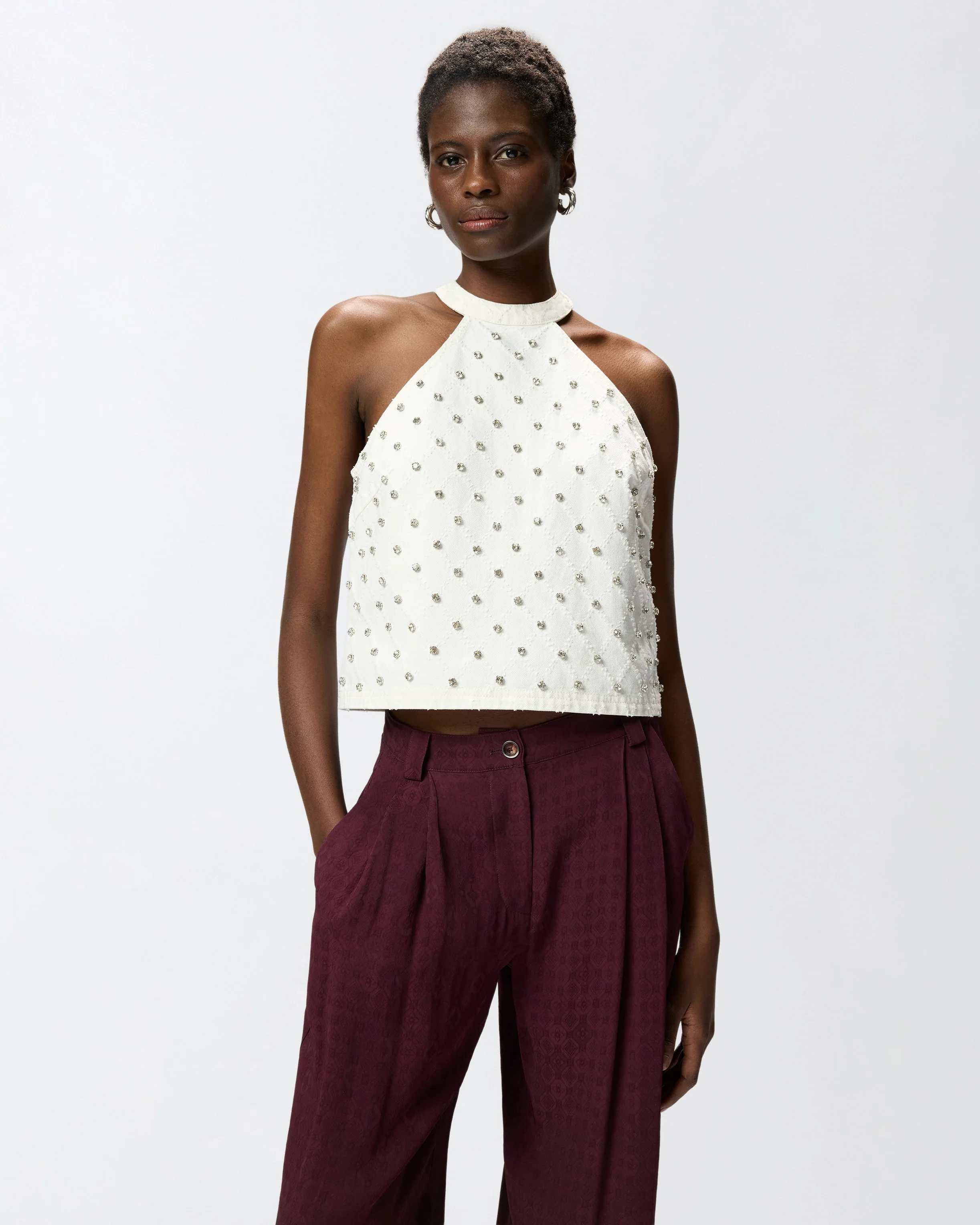 Top all'americana con disegno rombi e strass