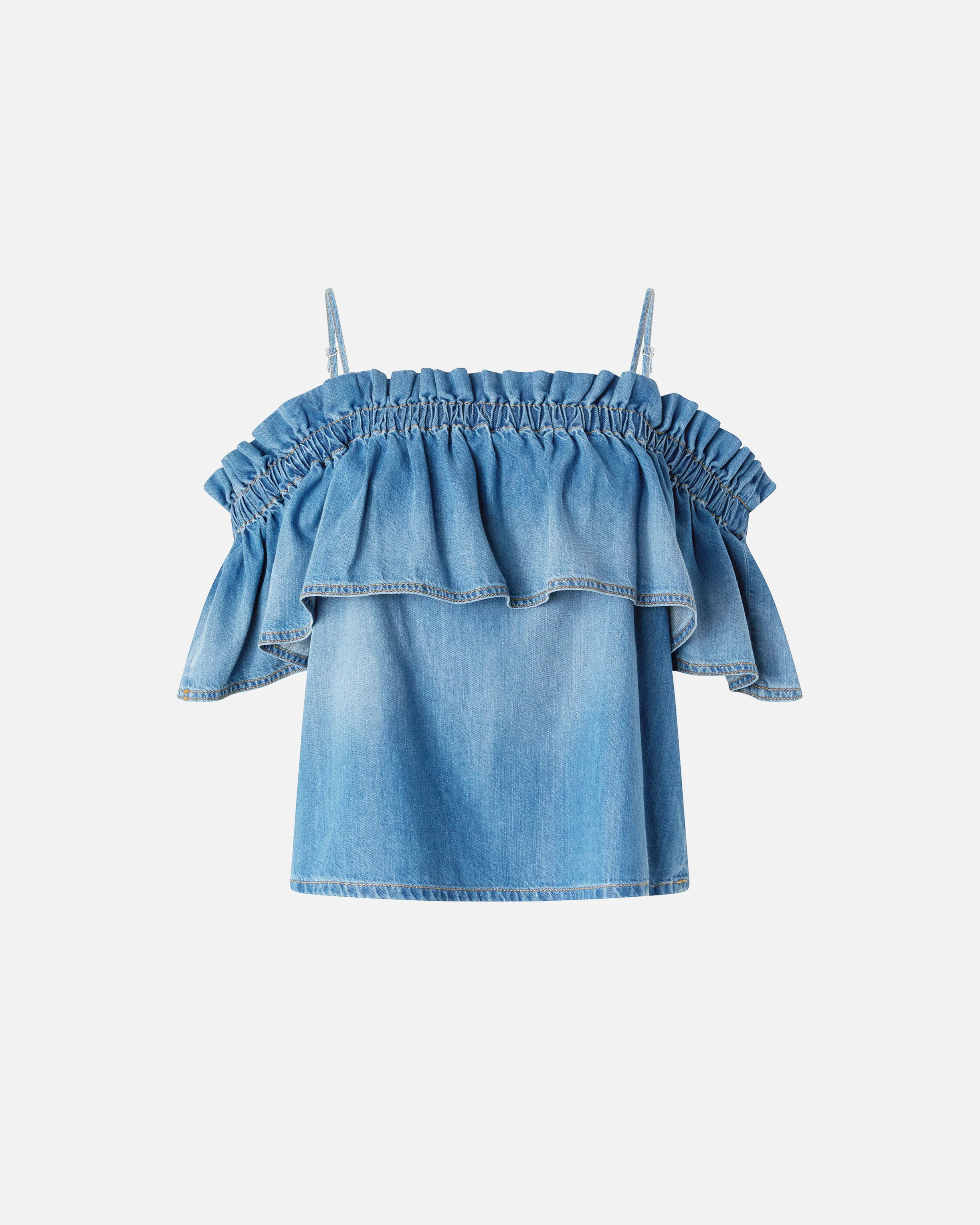 Top in denim con volant e spalle scoperte - Image 5