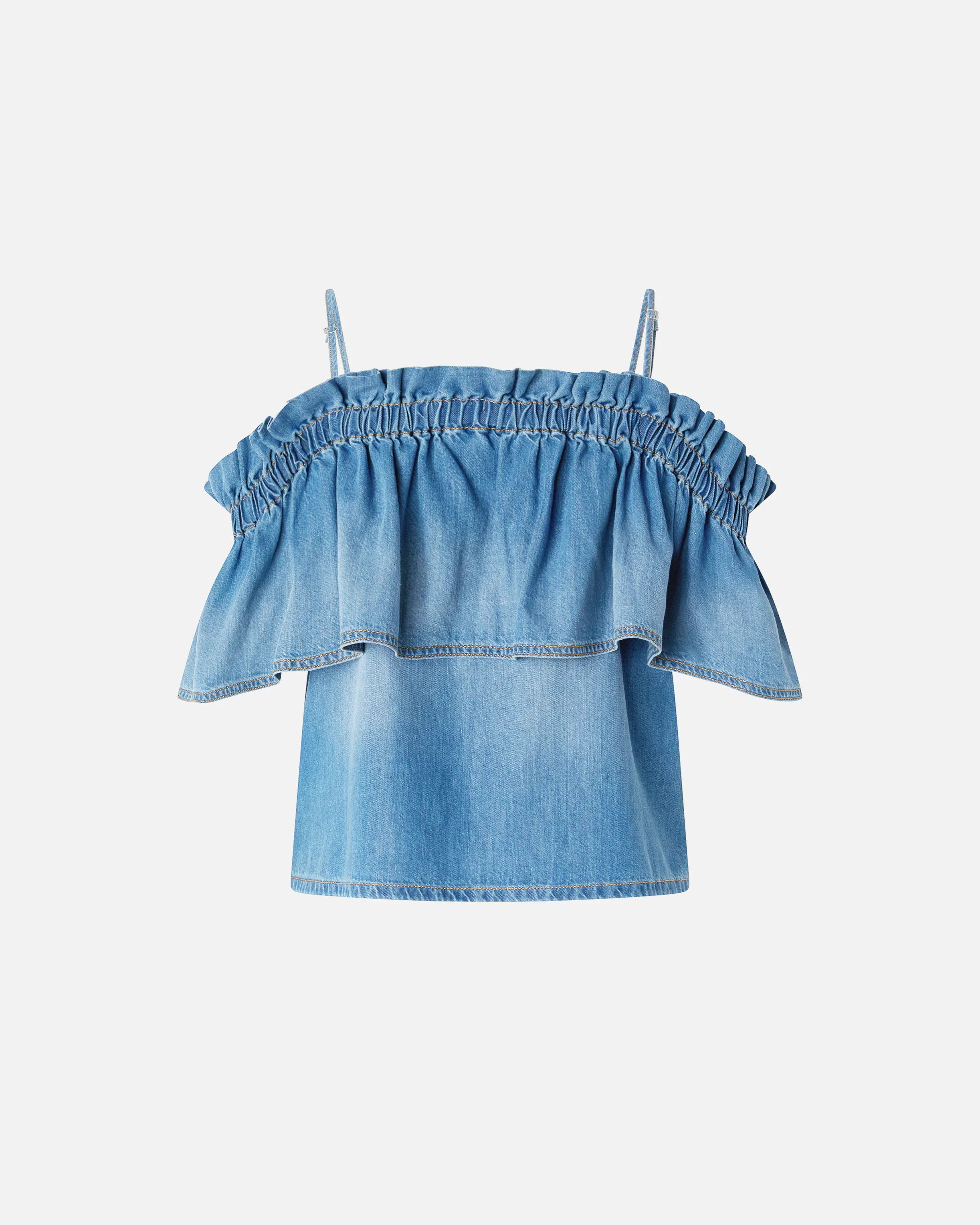 Top in denim con volant e spalle scoperte - Image 6